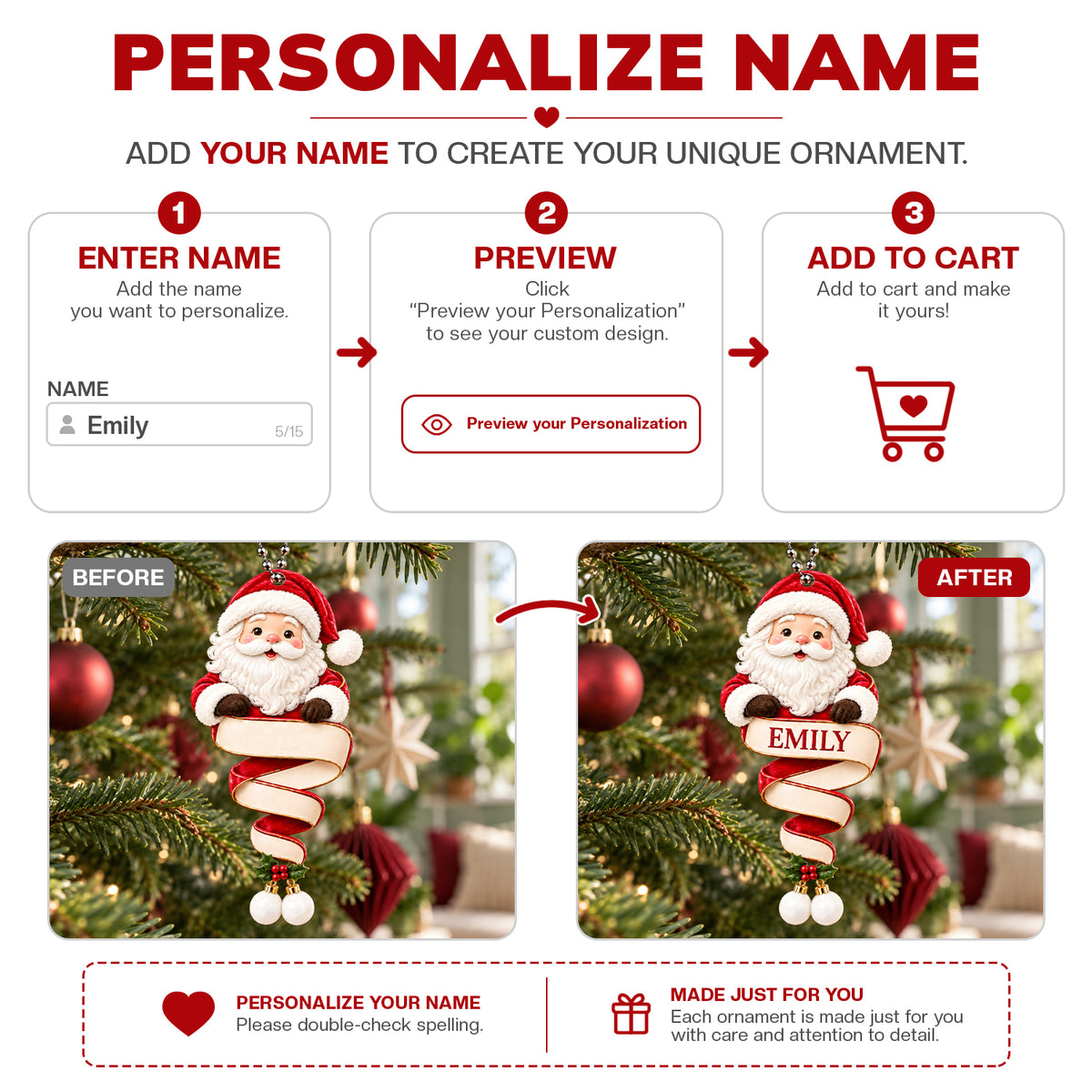 Personalized Name Santa Claus Ornament – Custom Christmas Keepsake