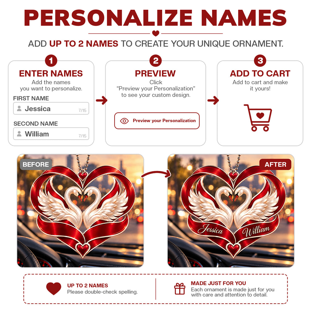 Personalized Names Swan Couple Heart Car Ornament – Anniversary Keepsake
