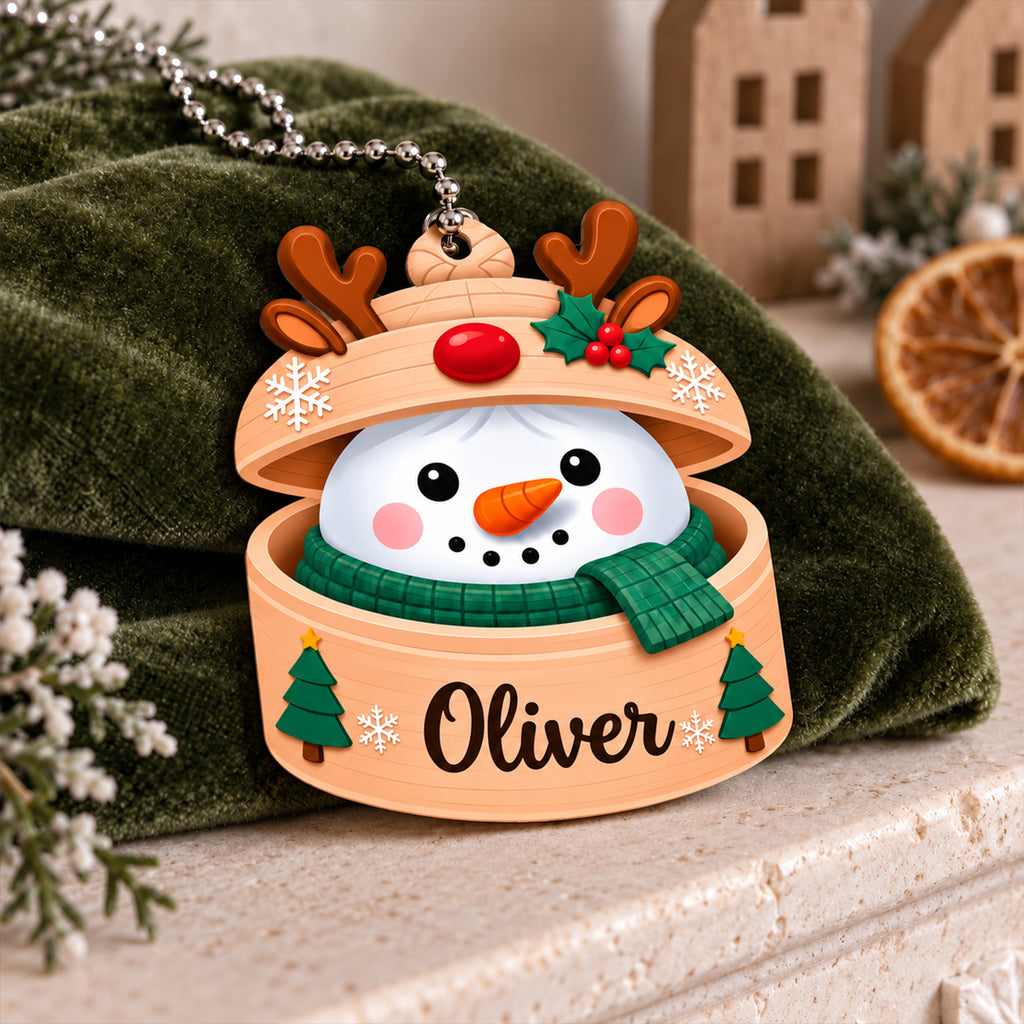 Personalized Name Snowman in Reindeer Hat Ornament – Custom Christmas Keepsake