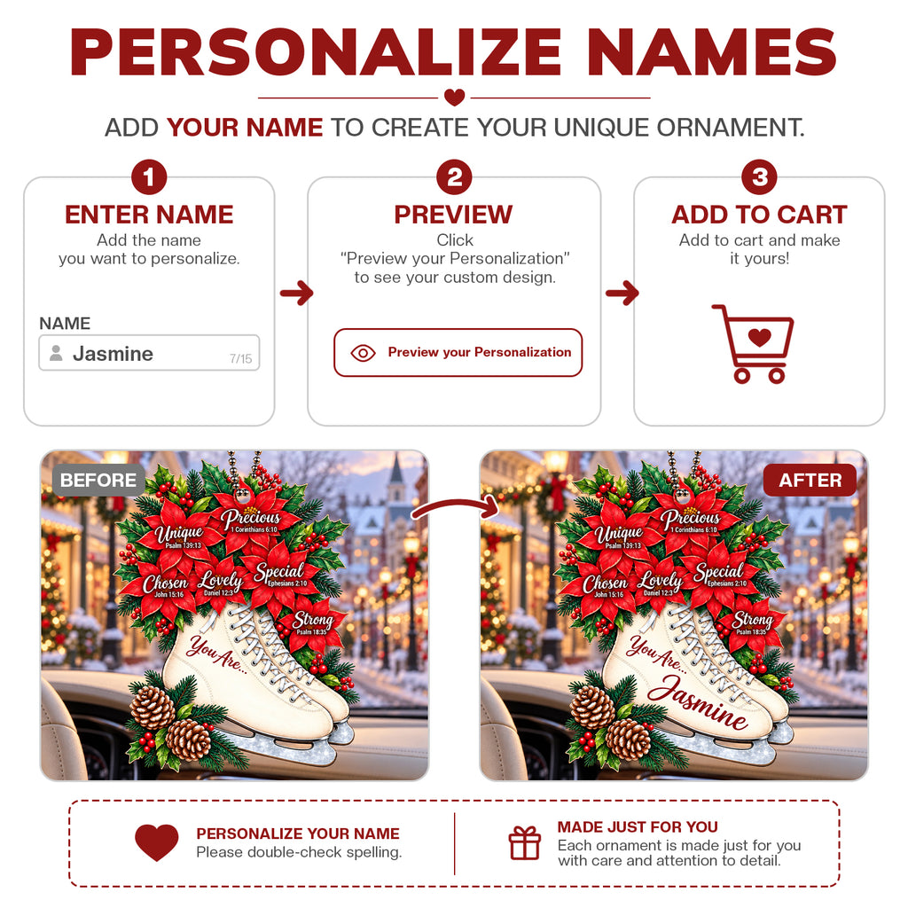 Personalized Name Faith & Poinsettia Ice Skates Christmas Ornament - Inspirational Keepsake
