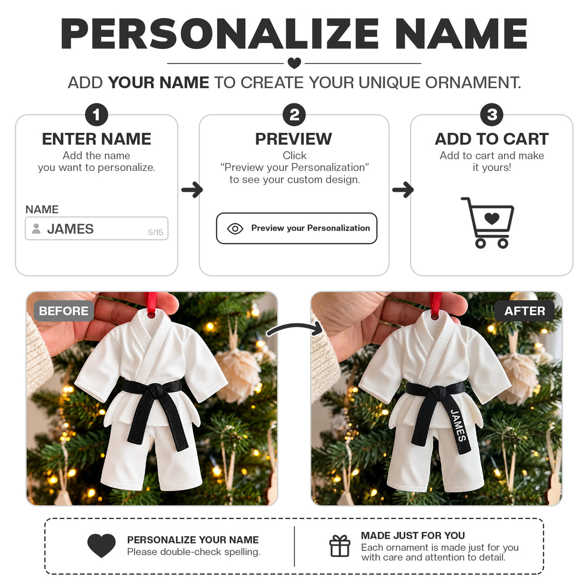 3D Raised Personalized Karate Uniform Christmas Ornament