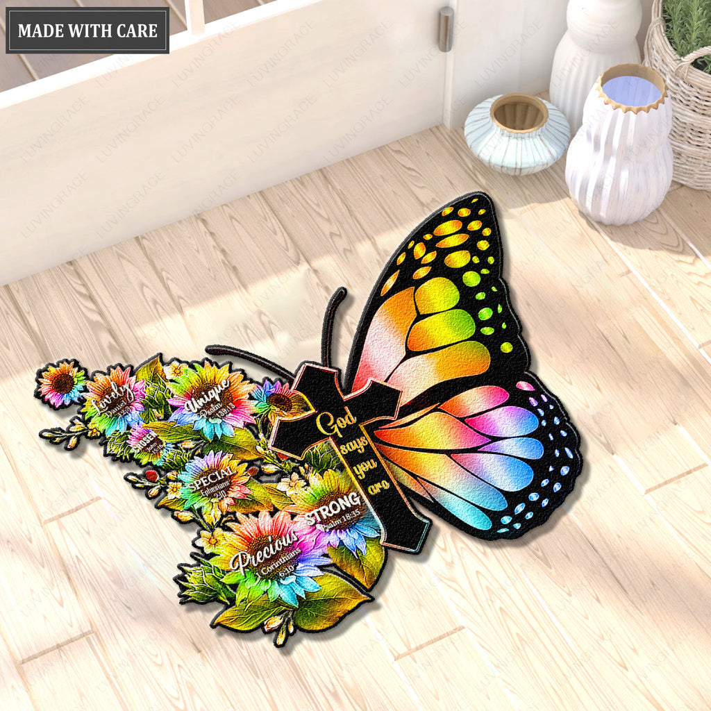 Rainbow Butterfly Cross God Says You Are Shaped Luxurious Doormat