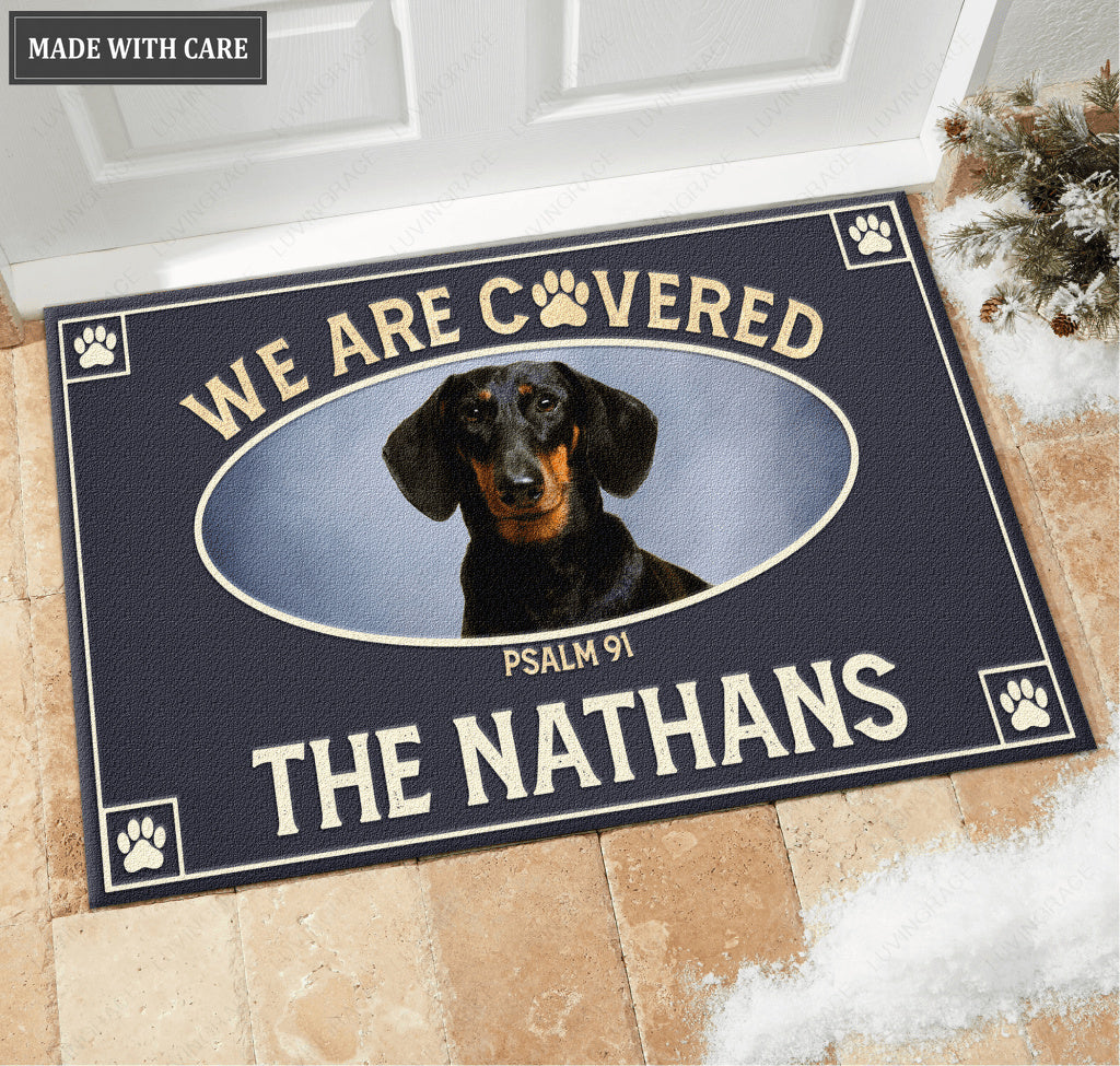 We Are Covered With Jesus And Paw Print Personalized Doormat