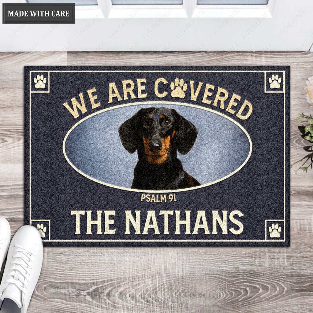 We Are Covered With Jesus And Paw Print Personalized Doormat