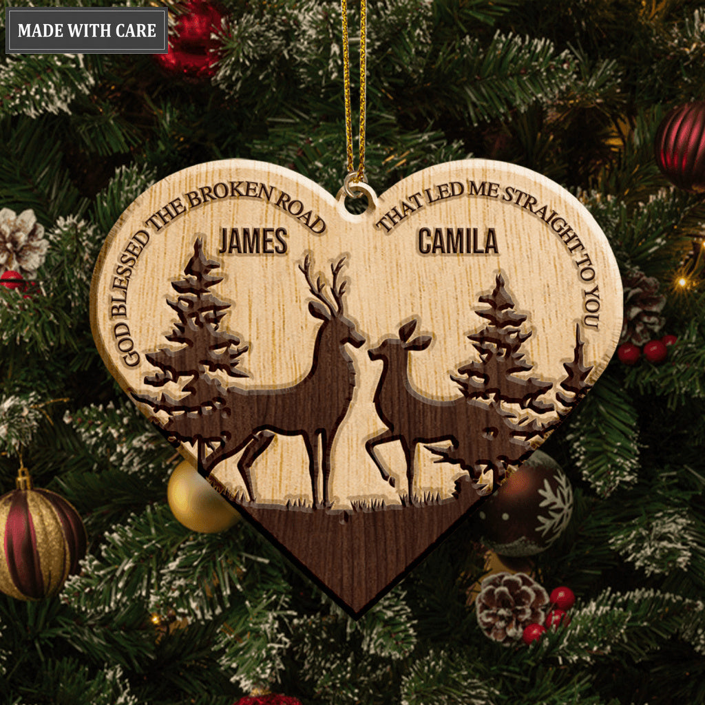 Deer Couple In Forest God Blessed Personalized Wood Engraved Ornaments