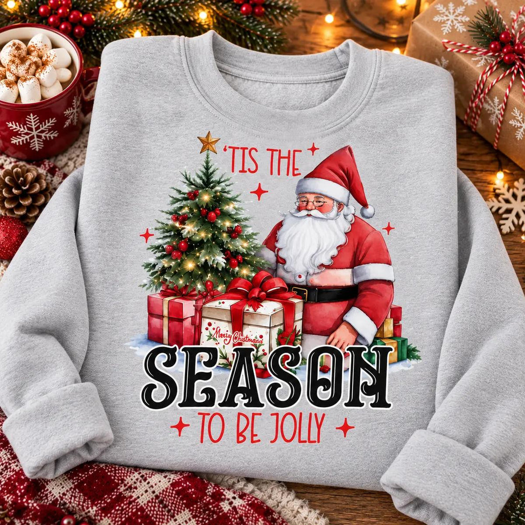 Christmas Santa Graphic Sweatshirt for Women, Christmas Tree and Presents Crewneck Pullover, Festive Holiday Winter Top, Cozy Christmas Party Outfit, Seasonal Gift