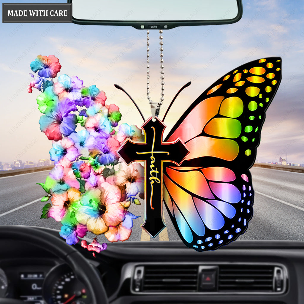 Hibiscus Rainbow Flower Butterfly Cross Faith Ornament