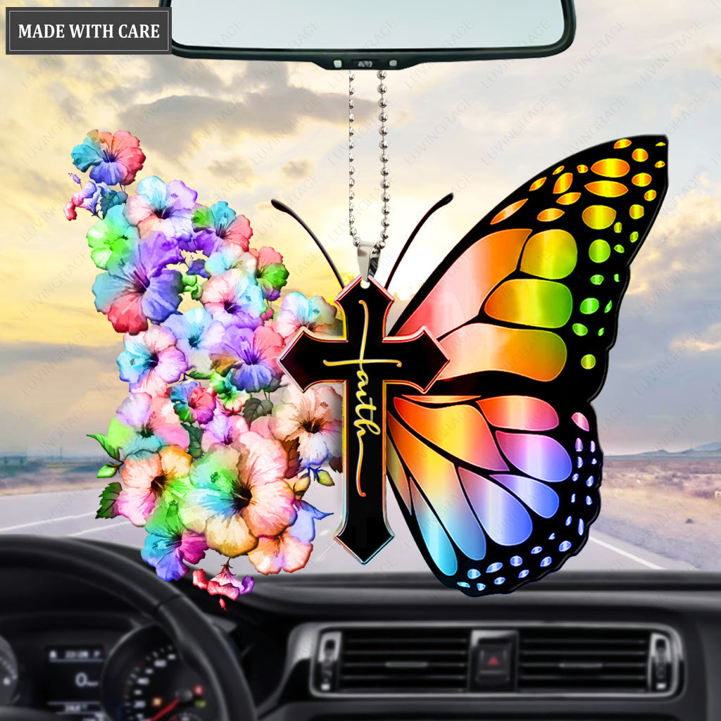 Hibiscus Rainbow Flower Butterfly Cross Faith Ornament