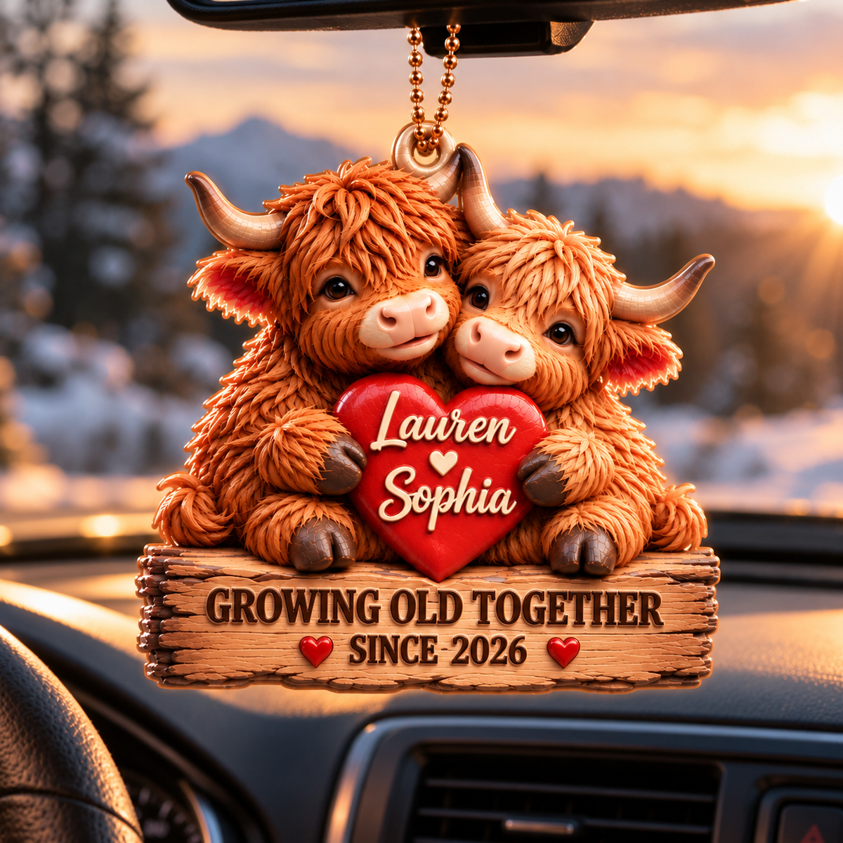 Personalized Names Highland Cow Couple 3D Ornament – Growing Old Together