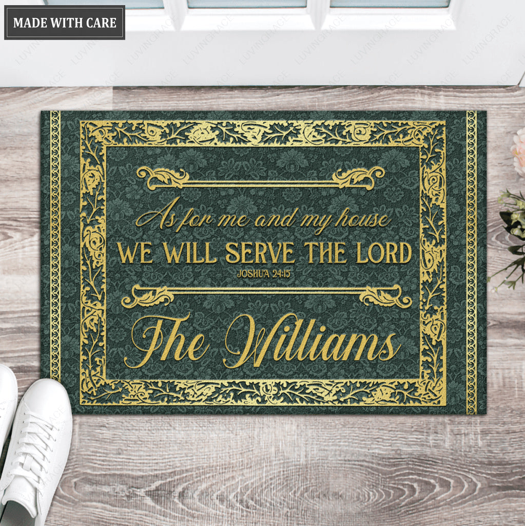 Gold Green Serve The Lord Personalized Doormat