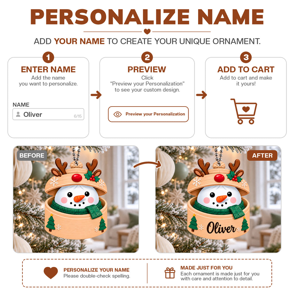 Personalized Name Snowman in Reindeer Hat Ornament – Custom Christmas Keepsake