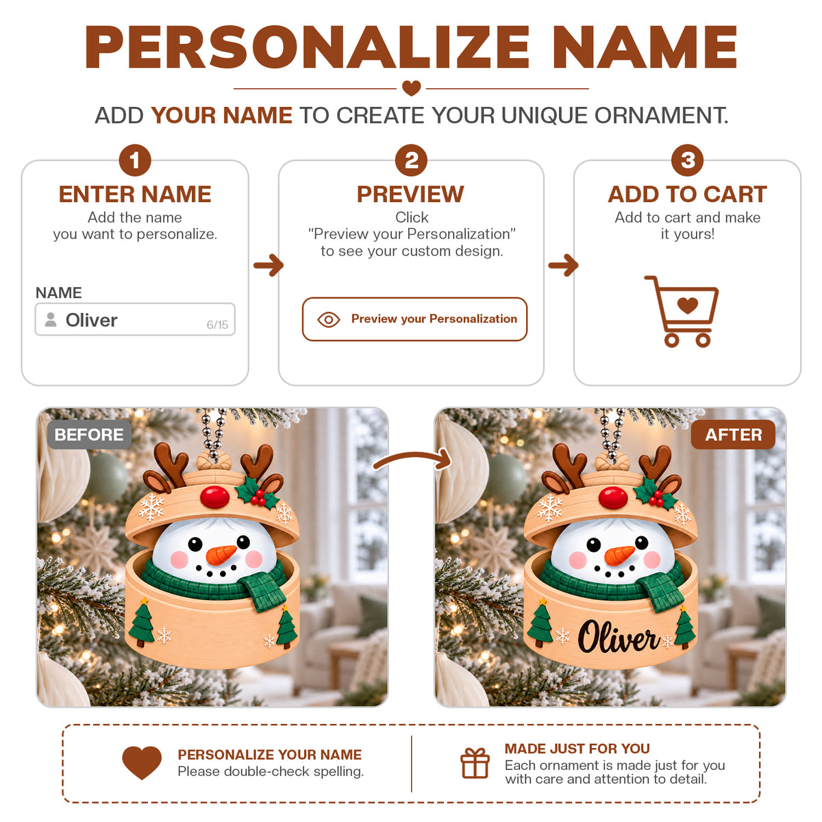 Personalized Name Snowman in Reindeer Hat Ornament – Custom Christmas Keepsake