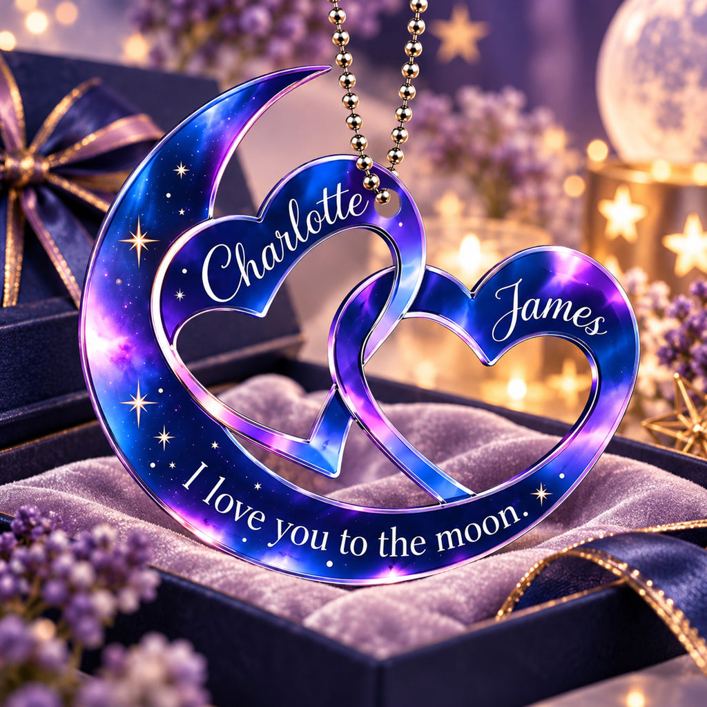 Personalized Names Moon & Interlocking Hearts Ornament – Romantic Gift for Couple