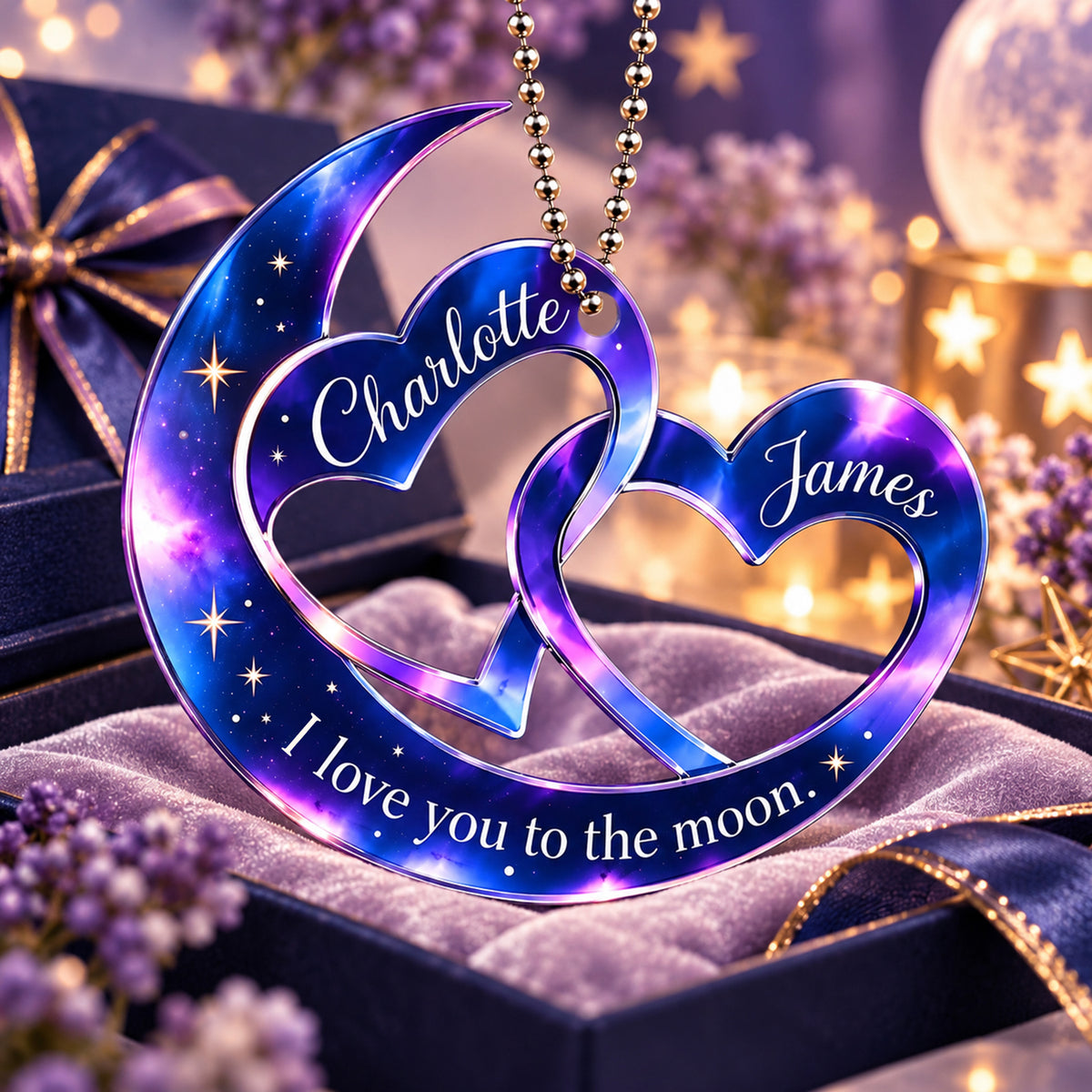 Personalized Names Moon & Interlocking Hearts Ornament – Romantic Gift for Couple