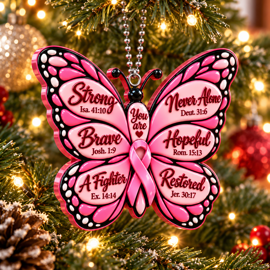 3D Raised Pink Butterfly Breast Cancer Survivor Ornament – Bible Verse Gift For Her
