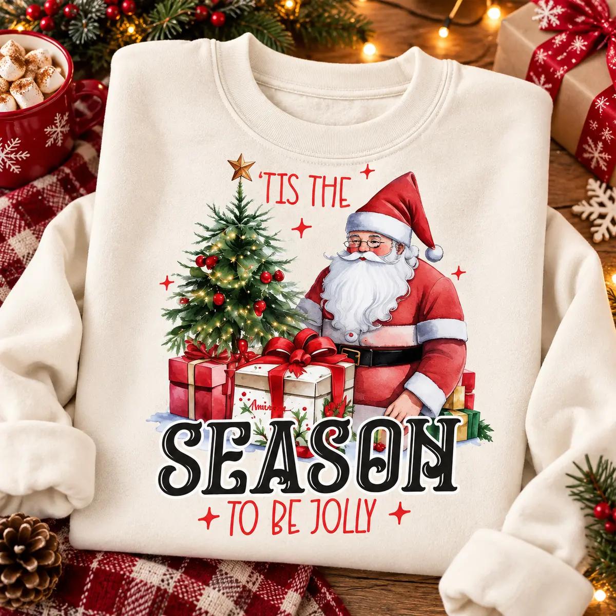 Christmas Santa Graphic Sweatshirt for Women, Christmas Tree and Presents Crewneck Pullover, Festive Holiday Winter Top, Cozy Christmas Party Outfit, Seasonal Gift