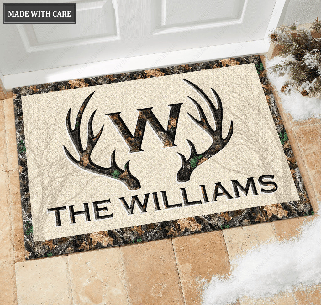 Deer Antlers Camo Family Monogram Personalized Doormat