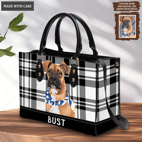 Artistic Plaid Black White Pet Digital Painting Portrait - Personalized Custom Leather Bag