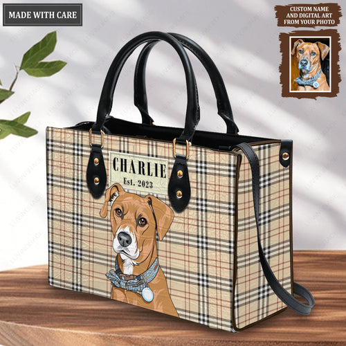 Artistic Plaid Pet Digital Painting Portrait - Personalized Custom Leather Bag