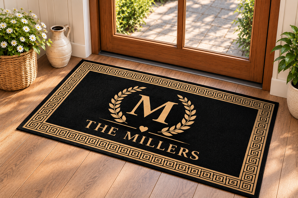 Personalized Family Name & Monogram Doormat – Elegant Greek Key Welcome Mat