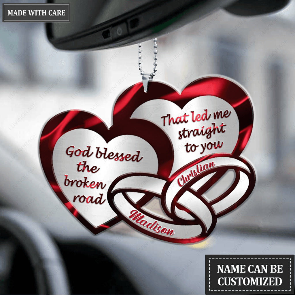 Two Heart Couple Rings God Blessed Personalized Ornament