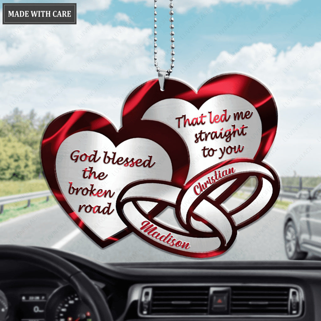 Two Heart Couple Rings God Blessed Personalized Ornament