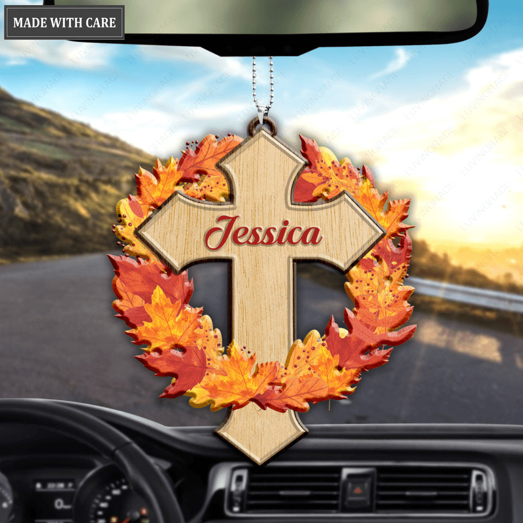 Autumn Maple Faith Cross Jesus Christian Lover Personalized Wood Engraved Ornaments
