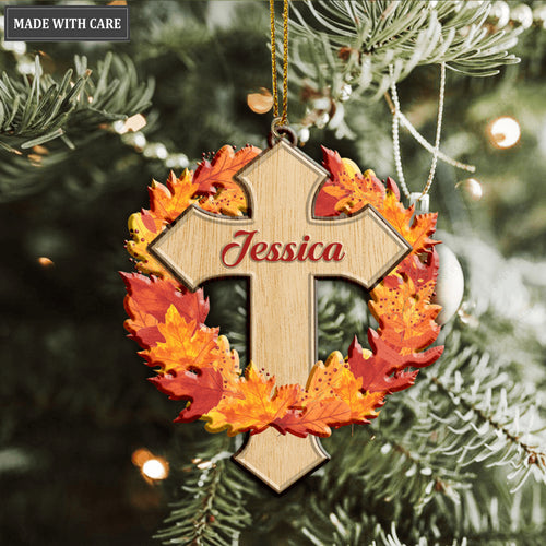Autumn Maple Faith Cross Jesus Christian Lover Personalized Wood Engraved Ornaments