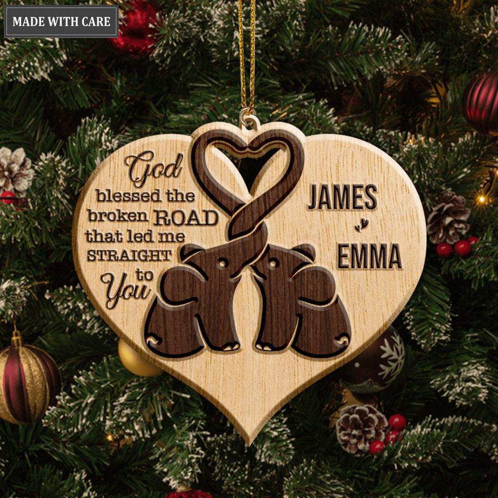 Heart Elephant Couple God Blessed Personalized Wood Engraved Ornaments