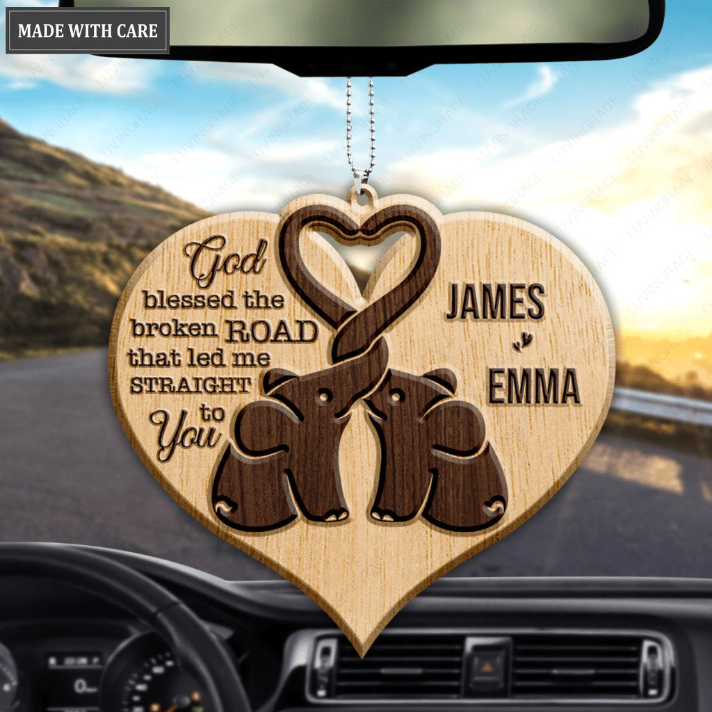 Heart Elephant Couple God Blessed Personalized Wood Engraved Ornaments