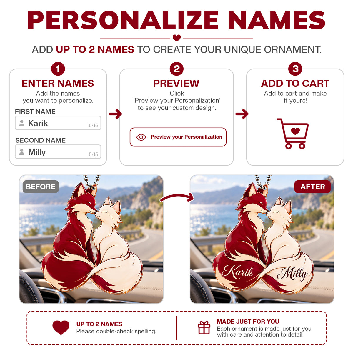 Personalized Names Fox Couple Ornament – Anniversary Gift for Him & Her