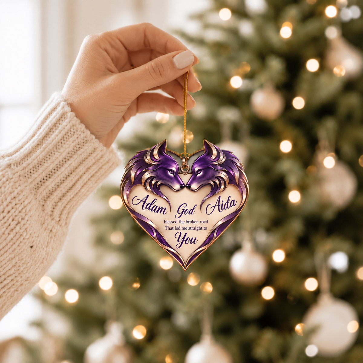 Couple Wolf Heart Personalized Ornament - Custom Names God Blessed Heart Wolf Couple Car Ornament Gift for Couples, Anniversary Gifts for Husband & Wife