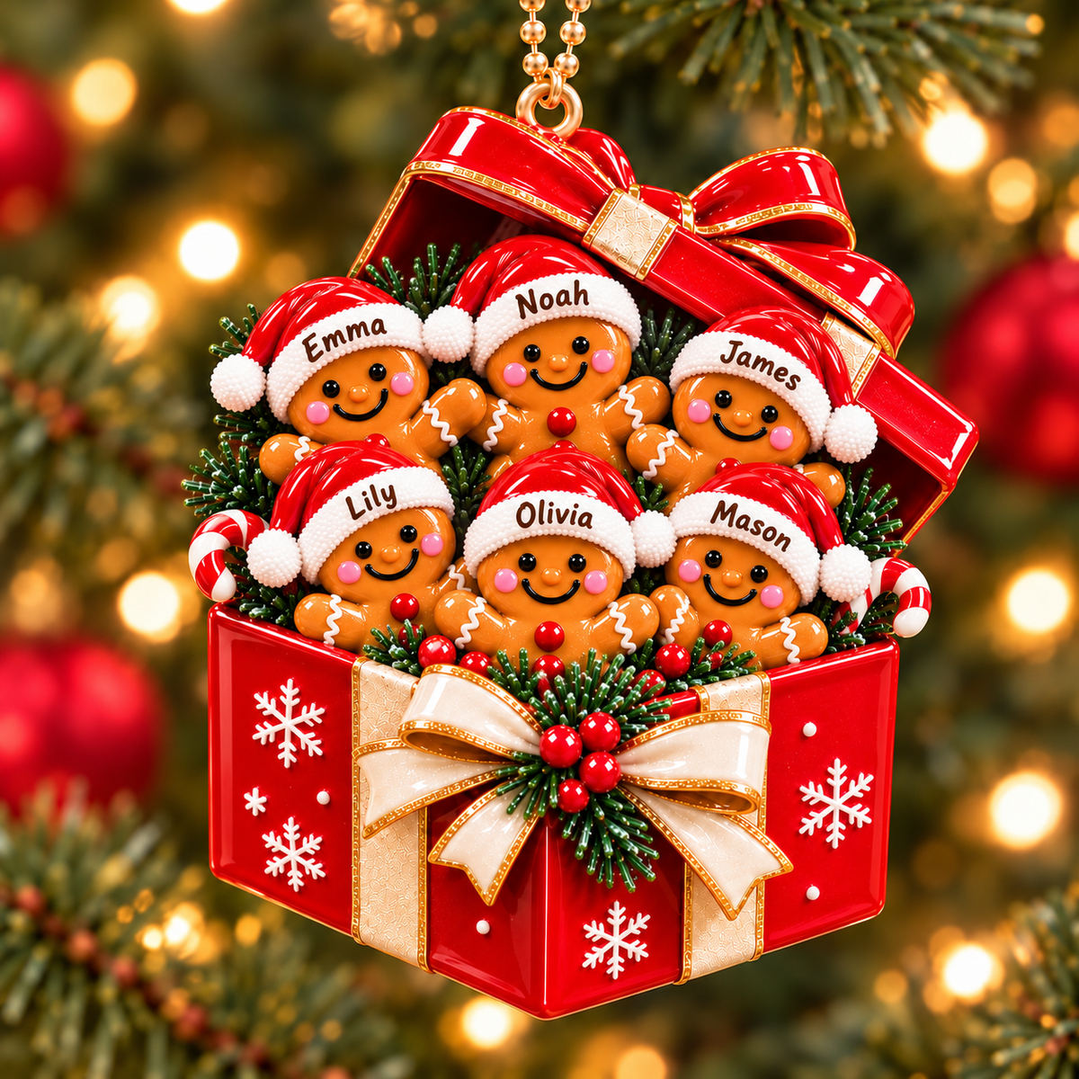 Personalized Gingerbread Gift Box 3D Ornament – Custom Names Christmas Gift