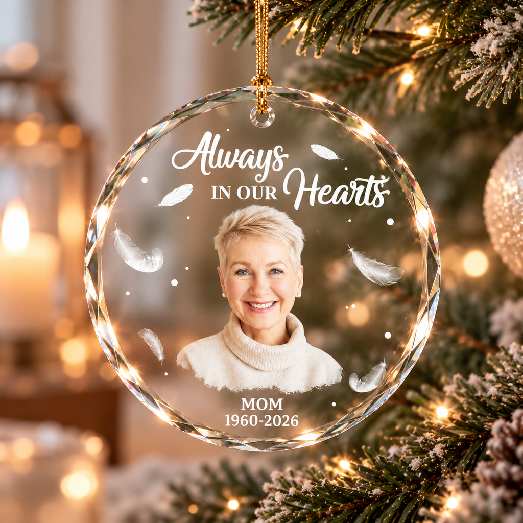 Personalized Always in Our Hearts Memorial Glass Ornament – Custom Photo & Name Remembrance Gift