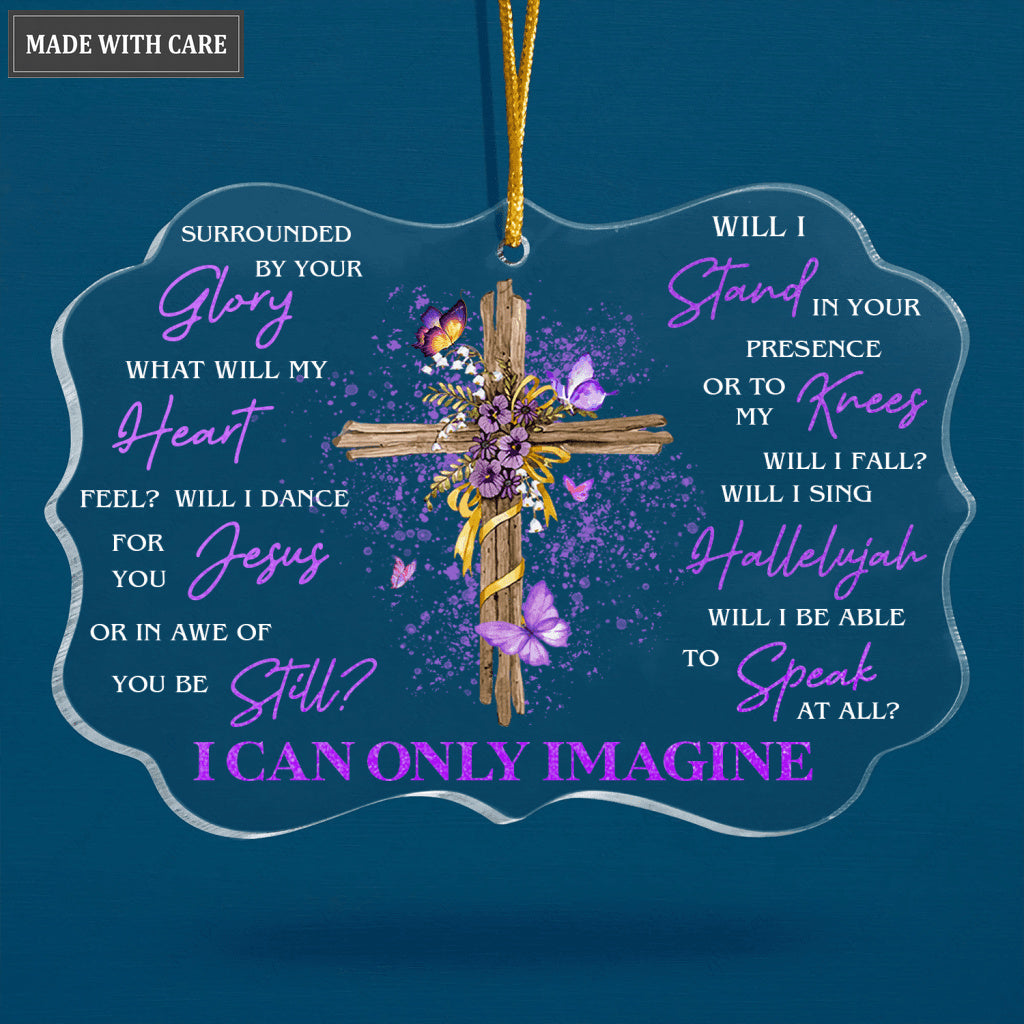 Purple Flower Cross And Butterfly Surrounded By Your Glory Transparent Ornament