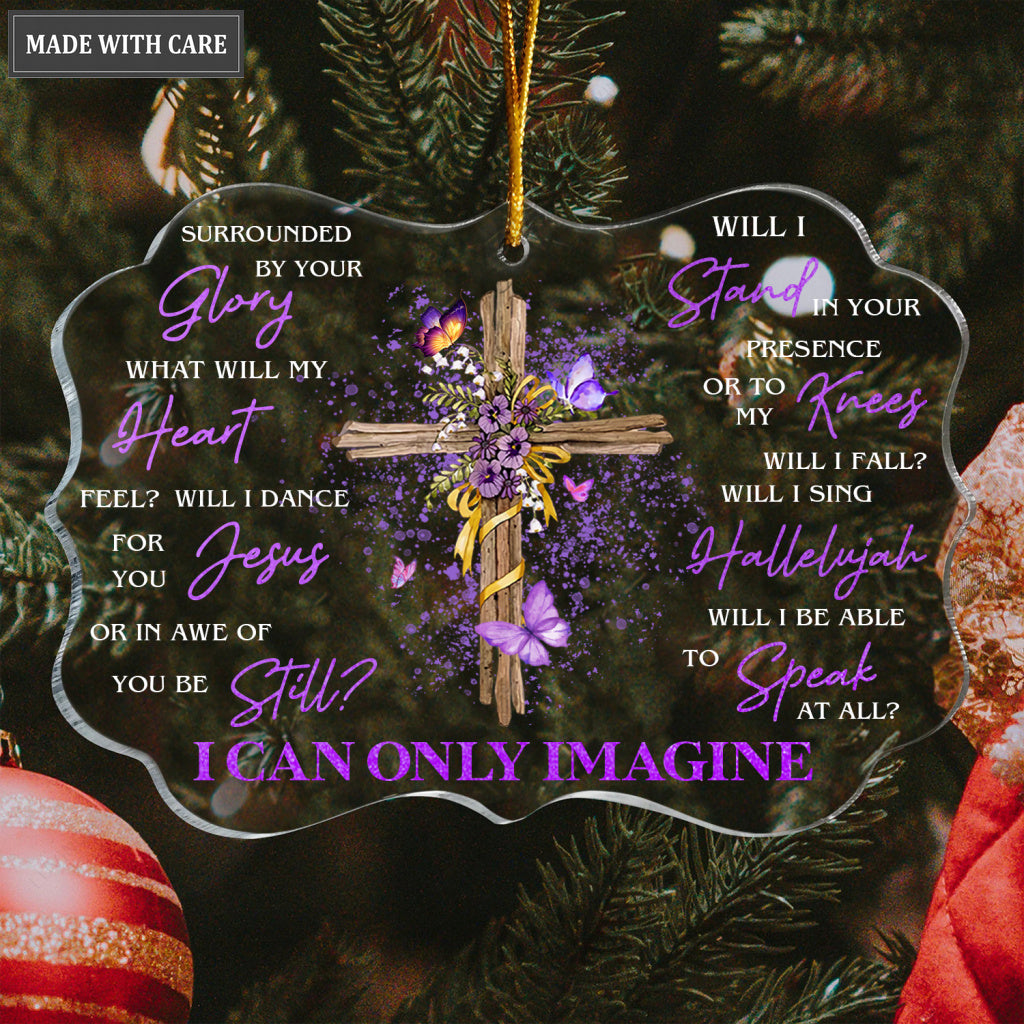 Purple Flower Cross And Butterfly Surrounded By Your Glory Transparent Ornament