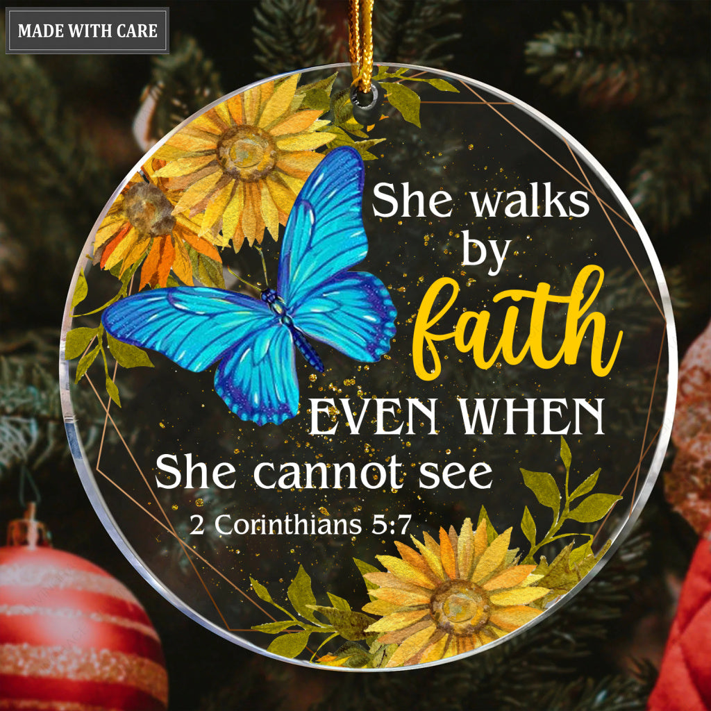 Sunflower Blue Butterly Walk By Faith Transparent Ornament