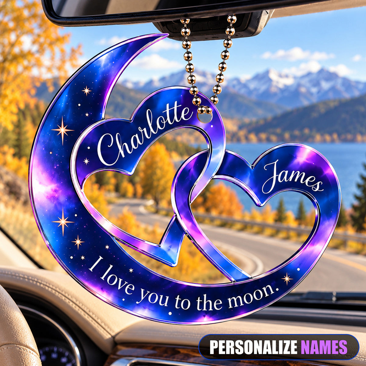 Personalized Names Moon & Interlocking Hearts Ornament – Romantic Gift for Couple