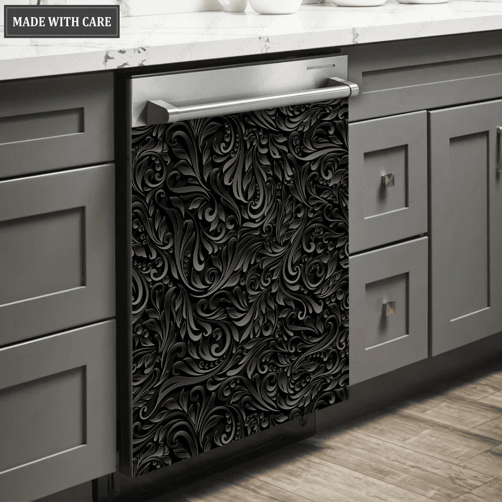 Kitchen Decor Dishwasher Magnet Cover Beautiful Dark Vintage Floral Engraved Design