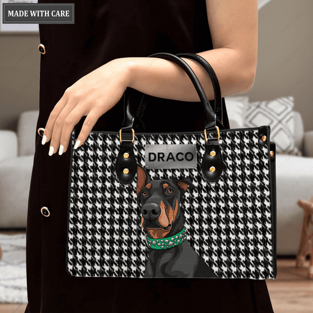 Black And White Plaid Tweed Pattern Pet Digital Painting Portrait - Personalized Custom Leather Bag