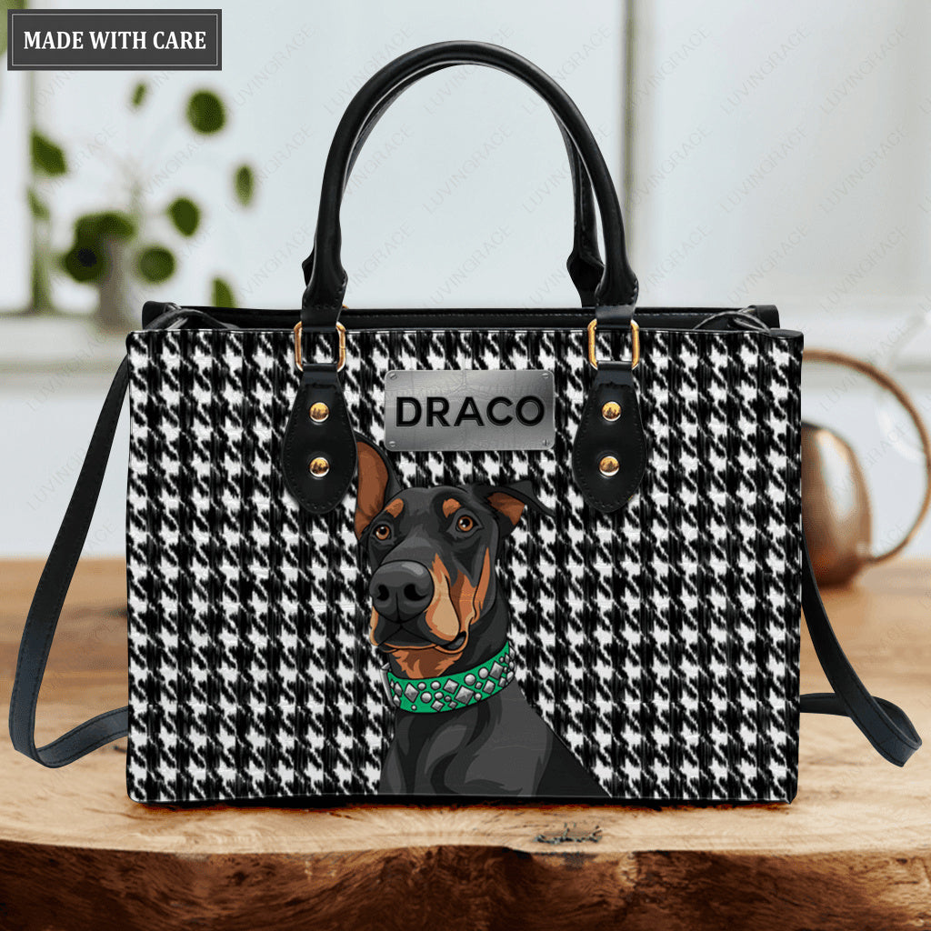 Black And White Plaid Tweed Pattern Pet Digital Painting Portrait - Personalized Custom Leather Bag
