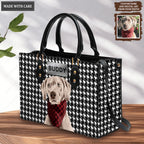 Black And White Plaid Tweed Pattern Pet Digital Painting Portrait - Personalized Custom Leather Bag