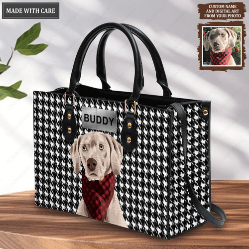 Black And White Plaid Tweed Pattern Pet Digital Painting Portrait - Personalized Custom Leather Bag
