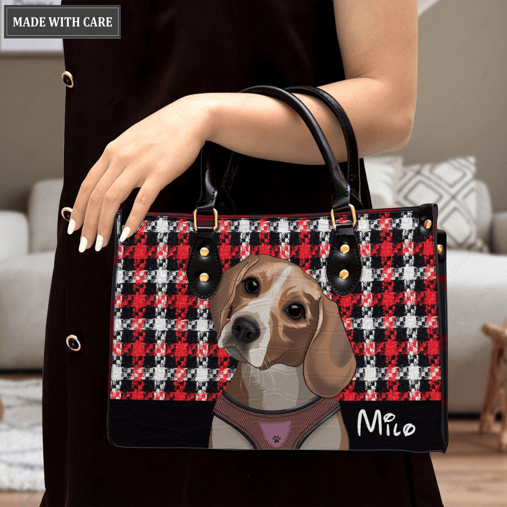 Red Tartan Plaid Cartoon Pet Digital Painting Portrait - Personalized Custom Leather Bag