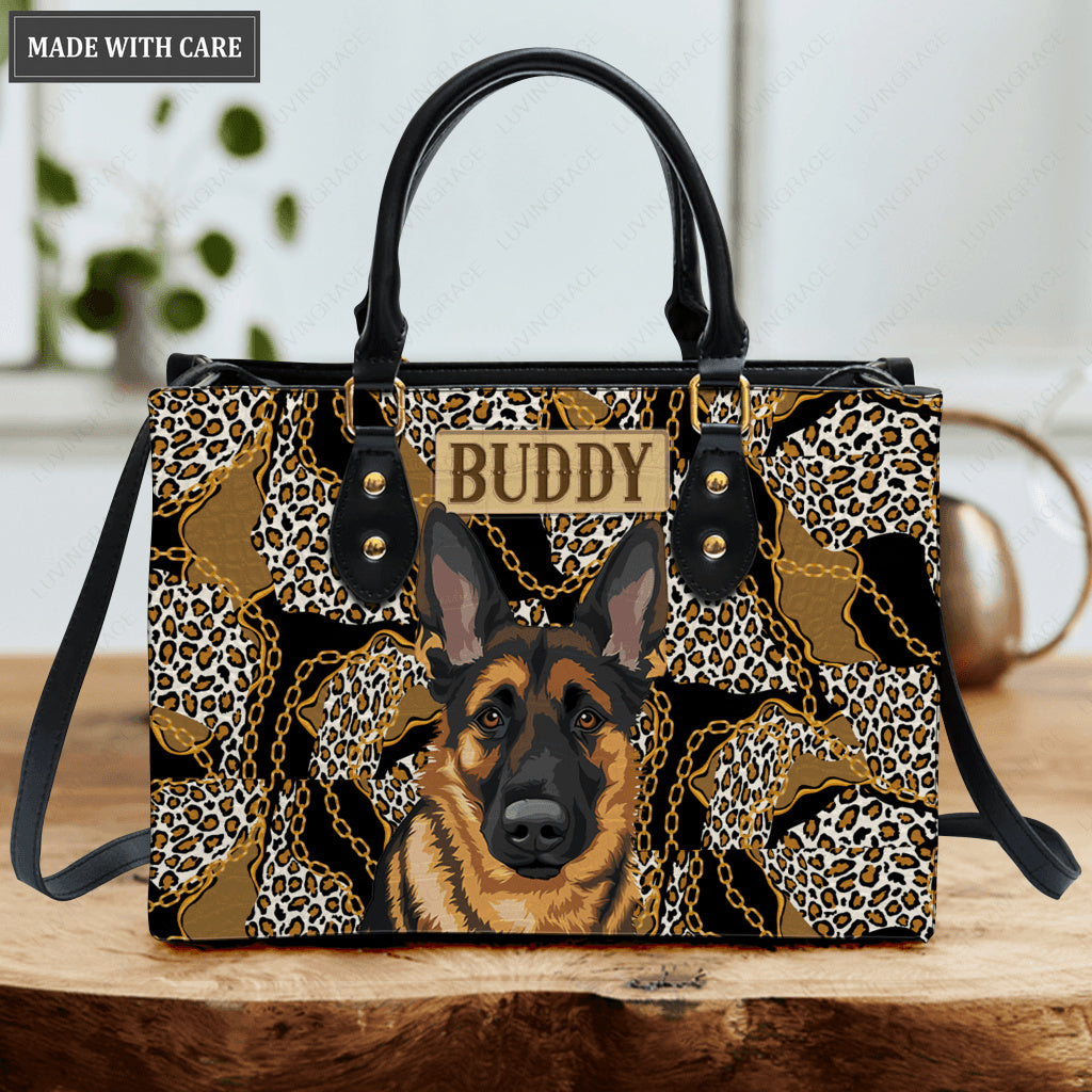 Vintage Cheetah Golden Chain Pattern Pet Digital Painting Portrait - Personalized Custom Leather Bag