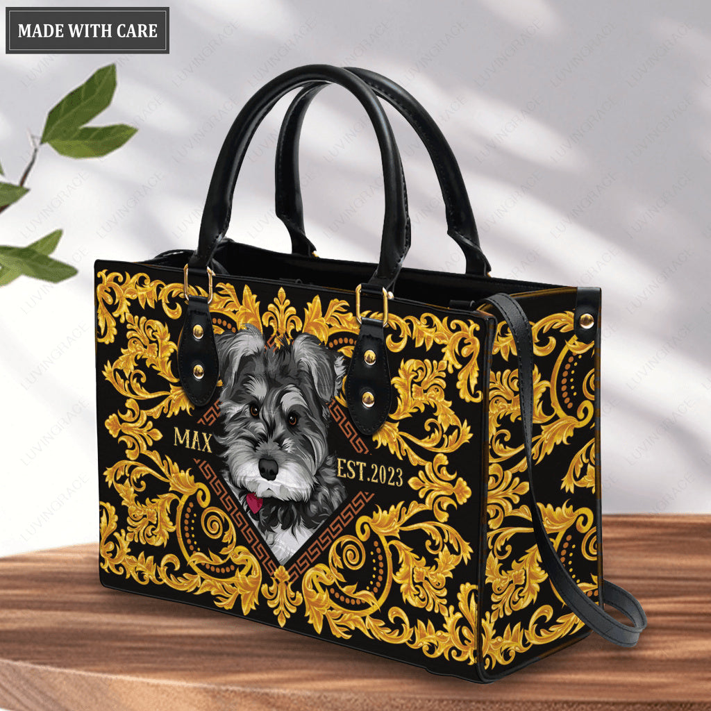 Vintage Royal Golden Floral Pet Digital Painting Portrait - Personalized Custom Leather Bag