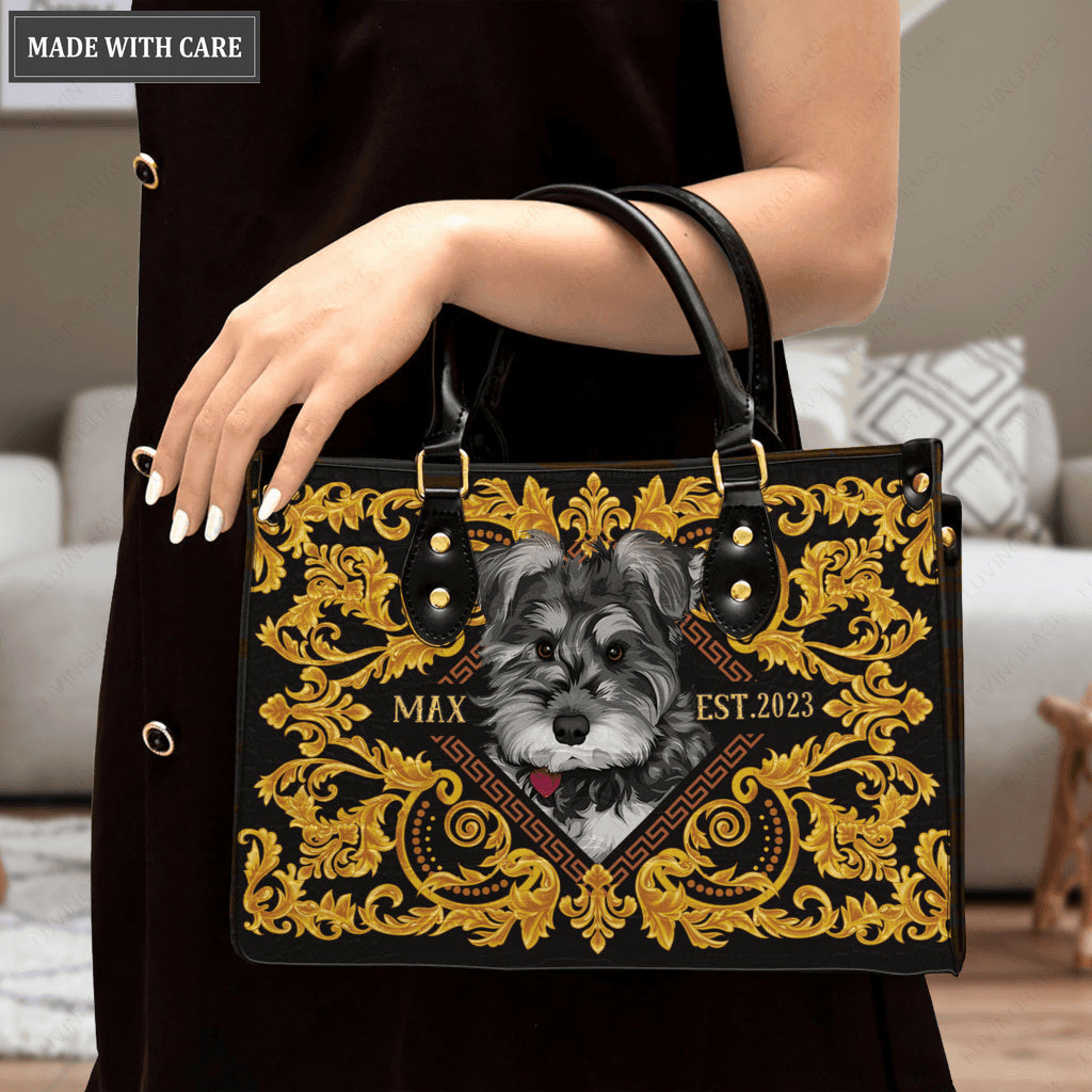 Vintage Royal Golden Floral Pet Digital Painting Portrait - Personalized Custom Leather Bag