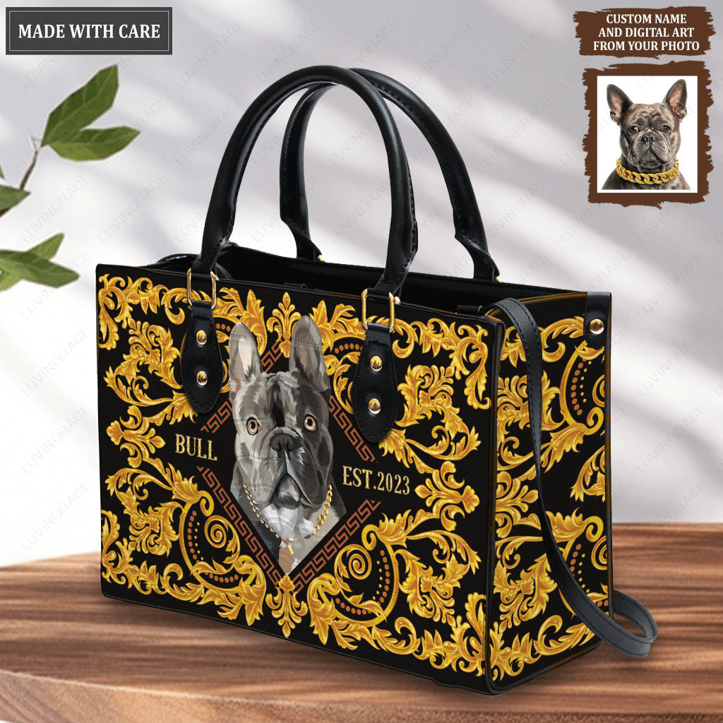 Vintage Royal Golden Floral Pet Digital Painting Portrait - Personalized Custom Leather Bag