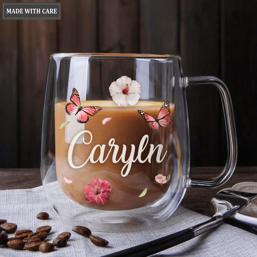 Personalized Hibiscus Butterfly Faith Doubled-Wall Glass Mug