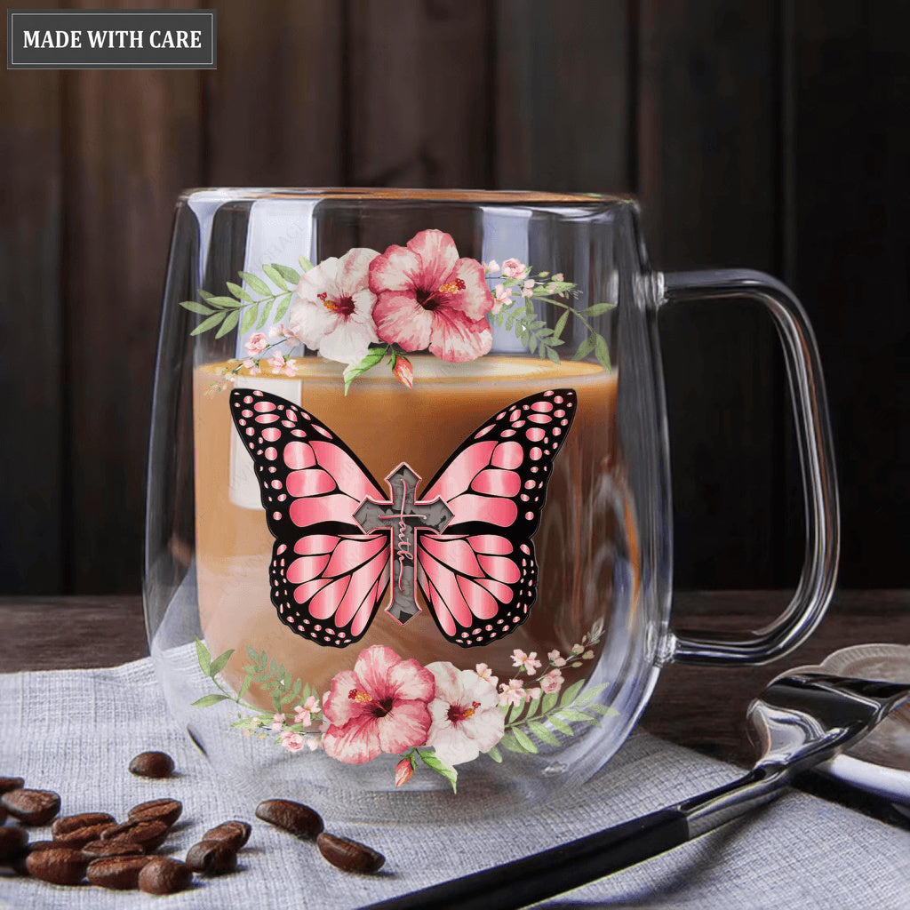 Personalized Hibiscus Butterfly Faith Doubled-Wall Glass Mug